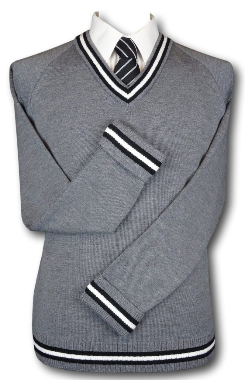 Grey 'V' Neck WOOLLEN School Uniform Jersey With Black White Black Trim ...