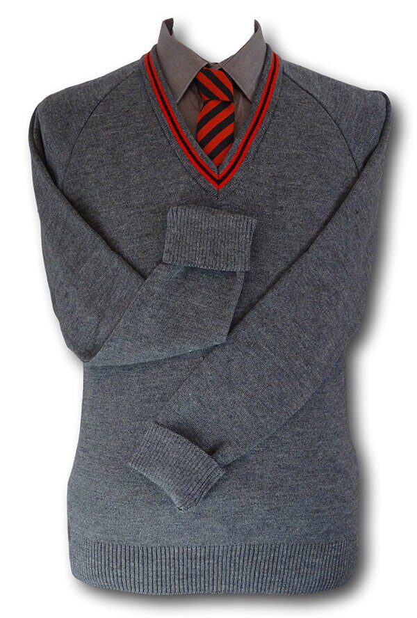 Grey 'V' Neck WOOLLEN School Uniform Jersey With Red Black Red Trim At ...