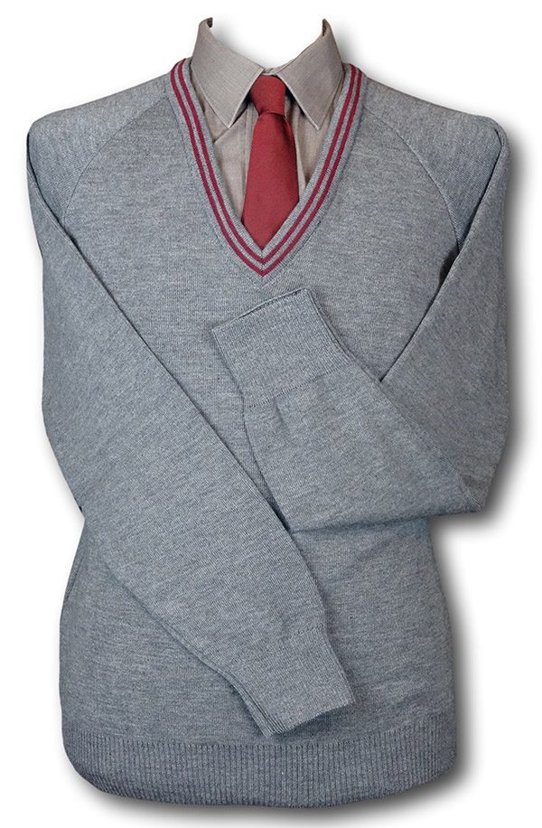 Grey 'V' Neck WOOLLEN School Uniform Jersey With Maroon Trim | Albert ...