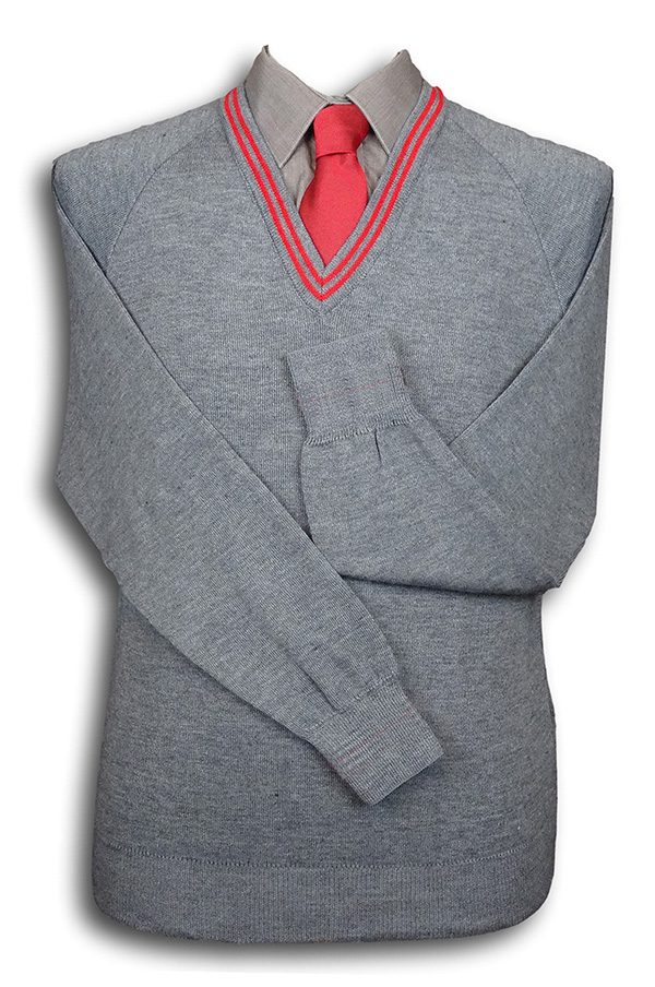 Grey 'V' Neck WOOLLEN School Uniform Jersey With Red Trim | Albert ...