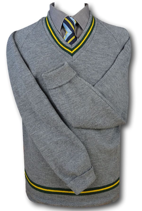 Grey ‘V’ Neck School Uniform Jersey With Green & Yellow Trim At Neck ...